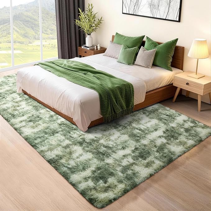 Ophanie Green and White Area Rugs for Living Room 5x7,Sage Green Fluffy Shag Large Fuzzy Plush Soft Carpets,Floor Shaggy Rugs for Bedroom,Carpet for Kids Girls Dorm Decor with Over 99 pcs Pile fibers