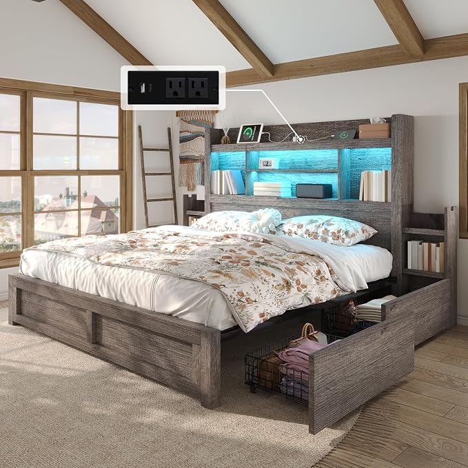 LUXOAK King Bed Frame with Storage, Bookcase Headboard,Grey | 49.6" Headboard, Wood Platform Bed, Charging Station, Bedside Storage, 4 Storage Drawers, No Box Spring Needed, Farmhouse