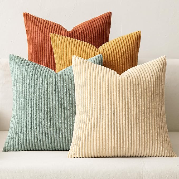 MIULEE Soft Corduroy Decorative Throw Pillow Covers Teal-Rust 18x18 | Set of 4, Mordern Rustic Home Decor, Retro Vintage Set, Boho Farmhouse Cushion Covers for Couch Bed Sofa Living Room