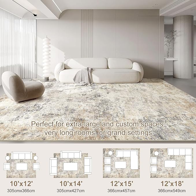 UERMEI 10x14 Washable Area Rug - Neutral Modern Abstract Living Room Rugs, Non-Slip Soft Large Indoor Floor Carpet for Bedroom Home Office & Under Dining Table Decor, Golden Grey