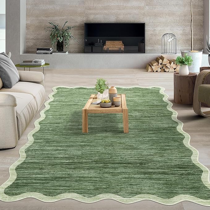 GarveeHome Scalloped Area Rug 4x6 - Washable Non-Slip Entryway Rug, Green | Abstract Green Boho Bordered Farmhouse Living Room Rug Soft Throw Rugs for Entrance Hallway Bedroom Kitchen Nursery