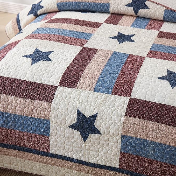 VISIMISI Cotton Bedding Quilt Sets 3 Pieces Reversible Coverlet Sets All Season Boys Real Patchwork Bedspread, MediterraneanStar Pattern,King Size