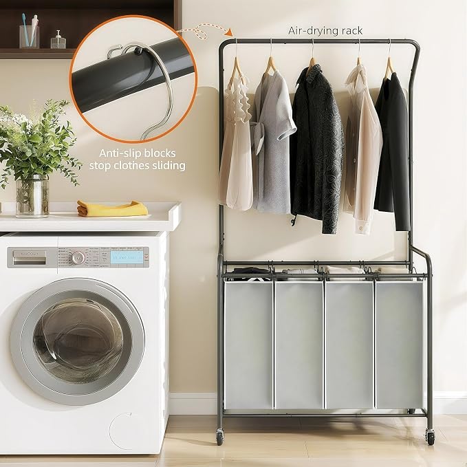ROMOON Laundry Hamper Sorter Cart, 4 Section Organizer with Hanging Bar | 180L Rolling Laundry Basket with Heavy-duty Lockable Wheels and Clothes Rack for Laundry Room, Closet, Small Spaces, Grey