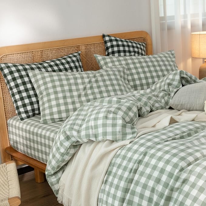 BESTOUCH Gingham Cotton Duvet Cover Set Sage Green California King | Washed Cotton, Linen Feel, Soft Wrinkle Texture, Hidden Zipper, 8 Ties, Breathable Lightweight Durable Comfy, 3 Pcs No Insert