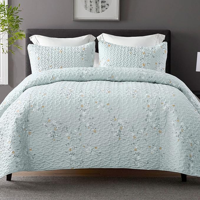 Exclusivo Mezcla Reversible Boho Quilt King Size Aqua | Lightweight Soft Bedspreads, All Season Flowers Coverlet Bedding Set, Printed Floral Pattern, 1 Quilt and 2 Pillow Shams