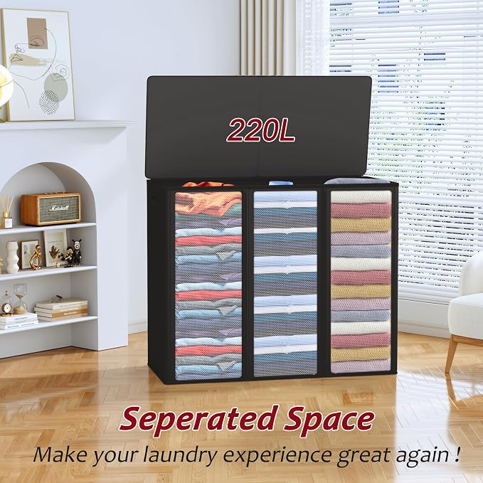 220L Laundry Hamper 3 Section,Large Laundry Hamper with Lid,Dirty Clothes Hamper with 3 Inner Bags,Collapsible Laundry Basket Organizer for Laundry Room,Bedroom,Laundry Sorter Hamper 3 Compartment