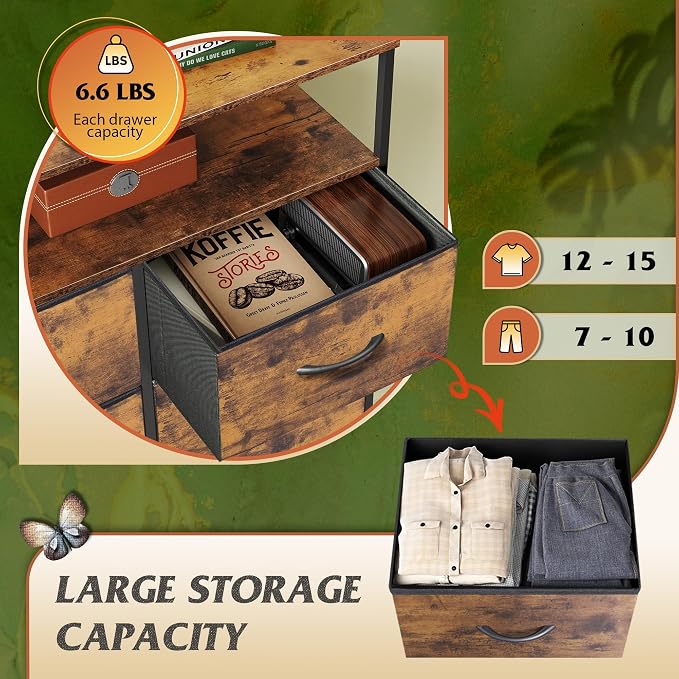 WLIVE Fabric Dresser for Bedroom with Open Shelves, Tall Dresser with 8 Drawers, Storage Tower with Fabric Bins, Chest of Drawers for Closet, Hallway, Rustic Brown Wood Grain Print | 8 fabric drawers plus open shelves, steel frame with wood top, great ...