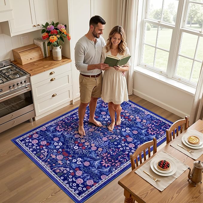 PLHXFR Area Rug Living Room: 3x5 Floral Washable Boho Soft Carpet Blue | For Bedroom Dining Room Farmhouse Nursery Hallway,Vintage Floral,Machine washable,Non Slip,Stain Resistant,Large Indoor