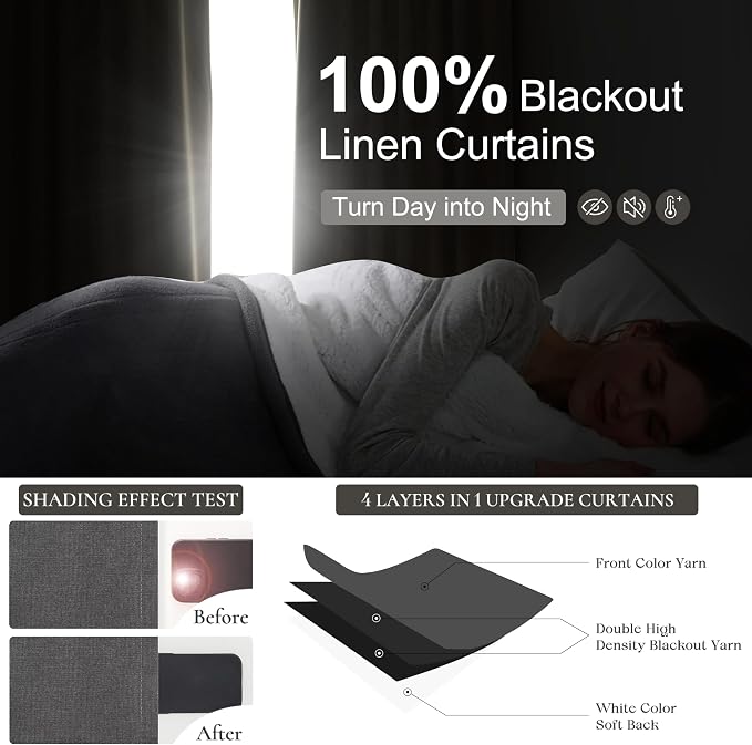 Dark Gray 100% Black Out Linen Curtains 90 Inches Long 2 Panels Set for Kids Boys Room, Country Farmhouse Pleated Ceiling Track Curtain Window Drapes Heavy Thermal for Nursery Charcoal Grey(50"Wx90"L)