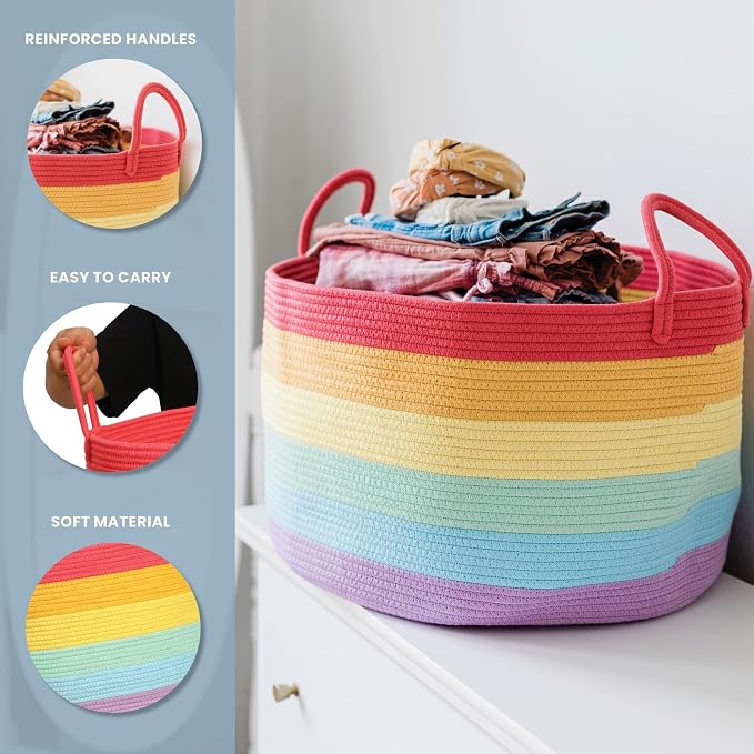 OrganiHaus Rainbow Toy Basket & Blanket Storage Bin, Nursery 20x13" | Rainbow - Round Rainbow Cotton Rope Basket, Nursery 20x13"