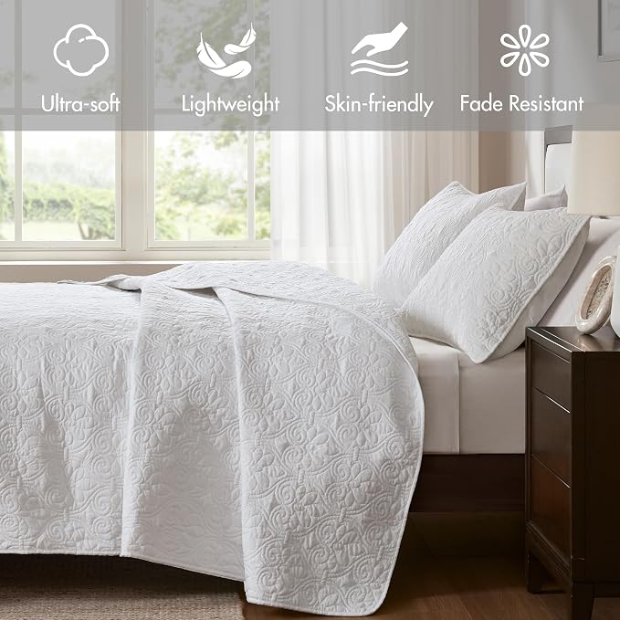 Madison Park Luxurious Cotton Damask Quilt Set, 2PC Twin/Twin XL Bed Set | All Season, Lightweight Stitching Coverlet Bedspread Bedding Stitching with Shams, White