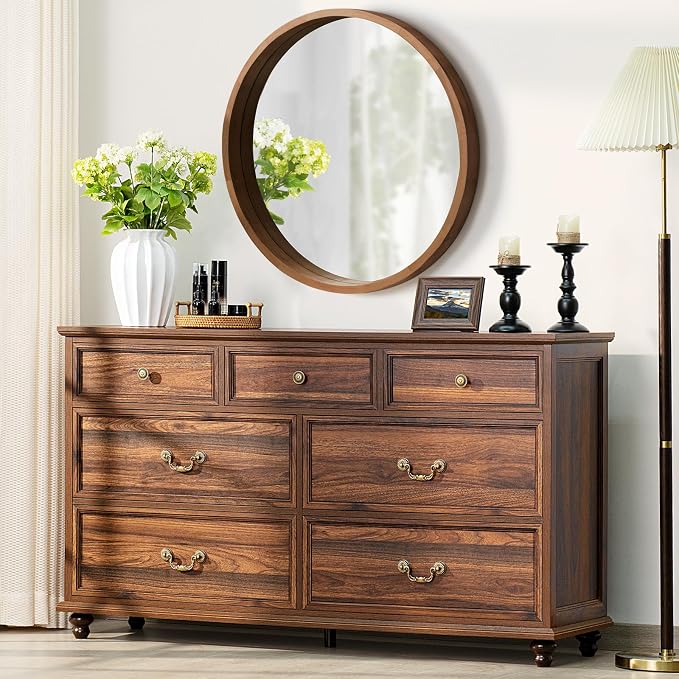 Joaxswe Farmhouse 54" 7 Drawers Dresser for Bedroom, Vintage Wood Chest of Drawers w/ 4 Wooden Legs, Wide Closet Storage Dressers Organizer for Hallway, Rustic Large TV Stand for Living Room, Brown