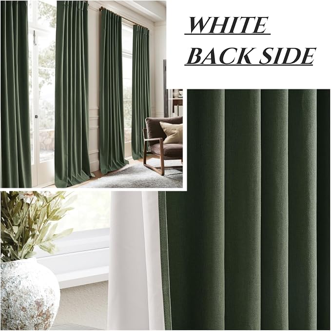 QJmydeco Dark Green Curtains 84 Inches Long, Blackout Spring Curtains for Living Room Cooling Heat Reflective Linen Look Vintage Drapes for Bedroom Back Tab Pleated (Olive,2Panels W50 xL84)
