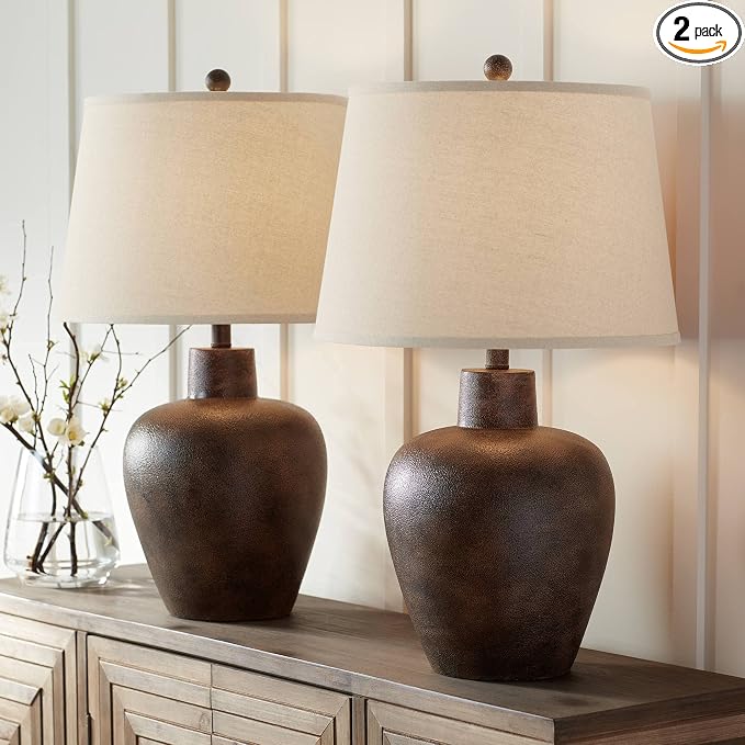 Glenn 27" Tall Table Lamps Set of 2 Terra Cotta Farmhouse Southwest Rustic | Dark Southwestern Natural Cottage Living Room Bedroom House Bedside Nightstand Tapered Drum Shade