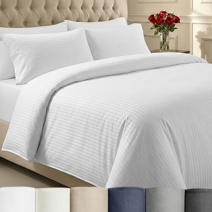 California Design Den Luxury Duvet Cover Set Queen, Striped White | Soft 400 Thread Count 100% Cotton Sateen Backed by GH Seal, Duvet Cover & Pillow Sham 3 Pc Set, Button Closure & Corner Ties