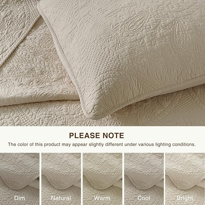 GOONE 100% Cotton Oversized King Quilt Set 112"x106" Light Beige | Lightweight Breathable Oversized Bedspread Coverlet for Summer, Farmhouse Stitched Medallion Pattern Bedding Set with 2 Shams