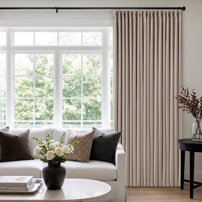 60 Inch Extra Wide 100% Blackout 108 Inch Curtains 1 Panel, Burlywood Birch | Pinch Pleated Memory Trained, Thick Linen with Liner, Thermal Noise Reducing Light Blocking, Windows Curtain Drapes W60xL84