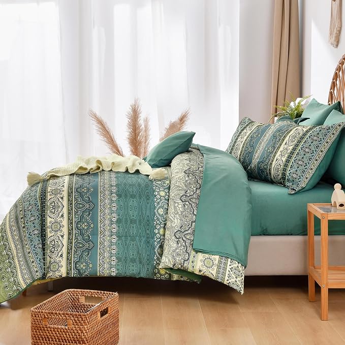 Cottolester Boho King Comforter Set 8 Pieces,Green Bohemian Comforter Paisley Striped Bed in A Bag,Soft Microfiber Bedding Set for All Season