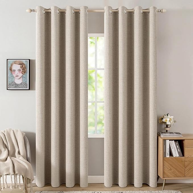 MIULEE 100% Blackout Linen Curtains for Bedroom 52x84 Inches Taupe | Room Darkening, Light Blocking, Thermal Insulated, Grommet Top, Linen Textured, Window Curtains for Living Room, 2 Panels