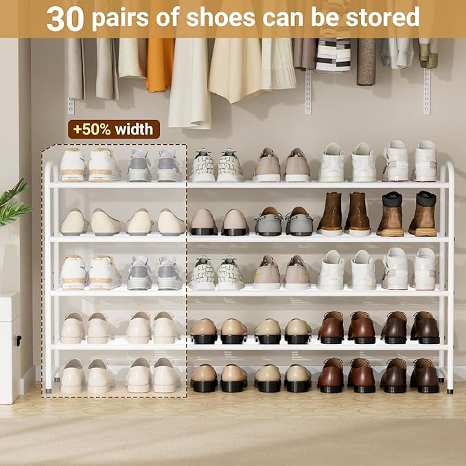 KEETDY 4-Tier Long Shoe Rack for Closet Floor, Wide Shoe Organizer Storage, Stackable Shoe Rack for Entryway Metal Shoe Shelf for 30 Pairs Men Sneakers with Wire Grid for Bedroom, White