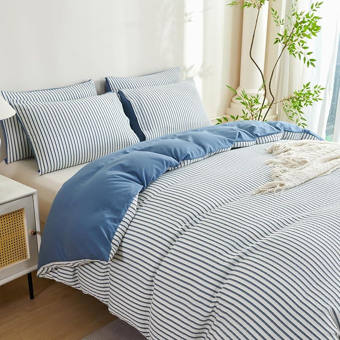Striped Comforter Set Queen Denim Blue Soft Luxury Washed Microfiber Jacquard 3 Pieces Bedding Set, White Denim Blue Vertical Ticking Stripes Comforter with 2 Pillowcases Breathable Durable Comfy