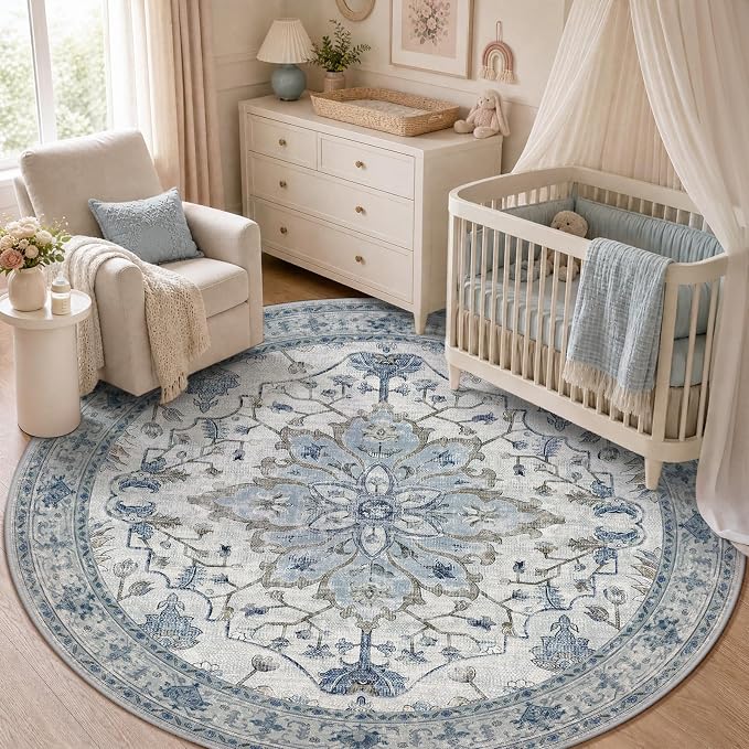 RELEANY Washable Area Rug, Round 5ft, Blue/White/Gray | Non-Slip, Water Repellent, Pet Friendly, Easy to Clean, Vintage Floral Boho Decor for Living Room Bedroom Dining Room