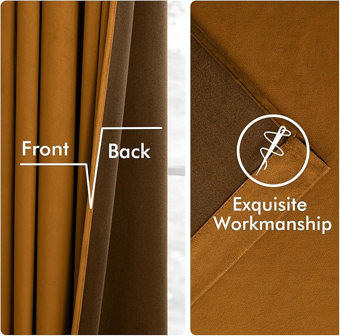 MIULEE Velvet Curtains 50W x 90L 2 Panels Golden Brown Blackout Curtains | Luxury velvet fabric, pinch pleat design, back tab hooks, thermal insulated, blackout light blocking, for living room bedroom