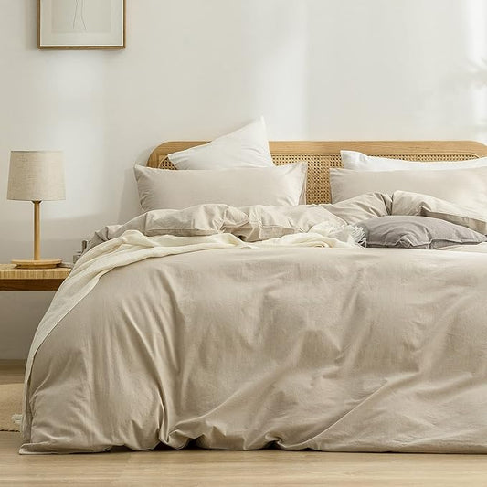 BESTOUCH Cotton Solid Duvet Cover Set Almond Milk Grey Oversized King | 100% Washed Cotton, Soft Wrinkle Texture, Hidden Zipper, 8 Ties, Breathable Lightweight Durable Comfy, 3 Pcs No Insert
