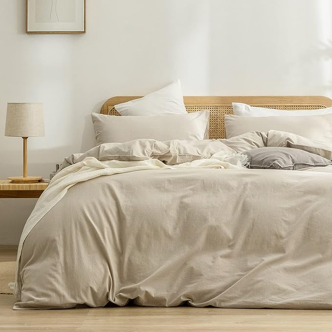 BESTOUCH Cotton Solid Duvet Cover Set Almond Milk Grey Super Queen | 100% Washed Cotton, Soft Wrinkle Texture, Hidden Zipper, 8 Ties, Breathable Lightweight Durable Comfy, 3 Pcs No Insert