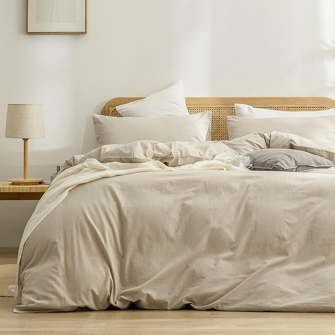 BESTOUCH Cotton Solid Duvet Cover Set Almond Milk Grey California King | 100% Washed Cotton, Soft Wrinkle Texture, Hidden Zipper, 8 Ties, Breathable Lightweight Durable Comfy, 3 Pcs No Insert