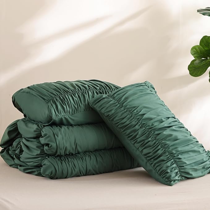 weigelia Emerald Green Ruched Comforter Set Full Size, Cute Bedding Set | All Season, Soft Microfiber Comforter, Cozy Cinched Design for Home & Bedroom Decor (1 Comforter,2 Pillowcases)