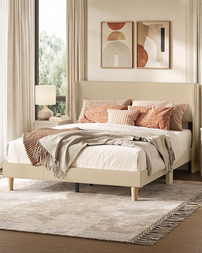 Bestier Queen Bed Frame with Wingback Headboard,Upholstered,Taque | Wingback Headboard,Easy Assembly,No Squeaks,Vertical Channel Corduroy Upholstered,Wooden Slats Support,No Box Spring Needed
