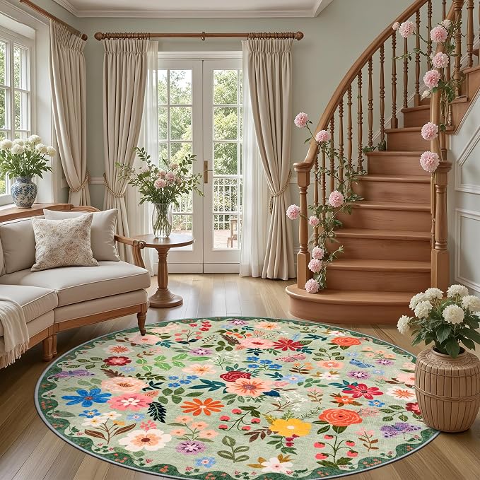 PLHXFR Round Area Rug Living Room: 6 ft Floral Washable Soft Carpet Green | For Bedroom Dining Room Farmhouse Nursery Hallway,Vintage Floral,Machine washable,Non Slip,Stain Resistant,Large Indoor