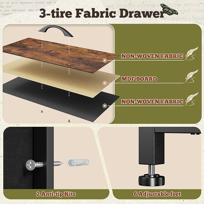 Romorgniz 55" W Dresser for Bedroom with 9 Drawers LED TV Stand with Power Outlets for 45, 55, 65 Inch TV Sturdy Long Chest of Drawers with Extra 2 Wooden Shelves Steel Frame Rustic Brown