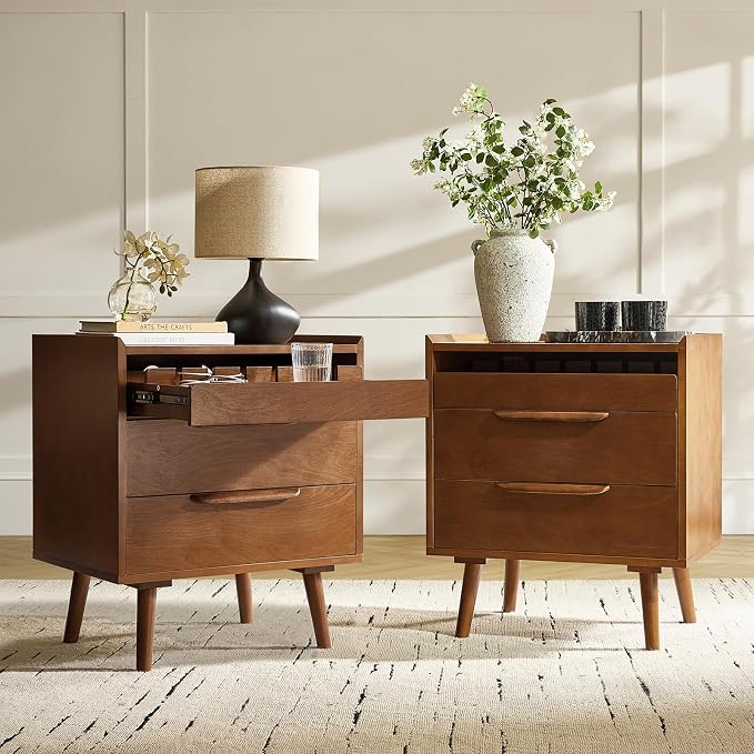 HULALA HOME 2-Drawer End Table with Charge Station, Set of 2 Acorn | Mid-Century Modern Style, Pull-Out Shelf, Wood Legs, Cable Management