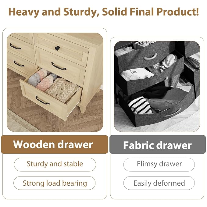 GarveeHome 6 Dresser for Bedroom, 47 in Wide Drawer Dresser with Storage Freestanding, Wooden Closet Storage Chest for Living Room, Bedroom, Entryway, Natural Oak