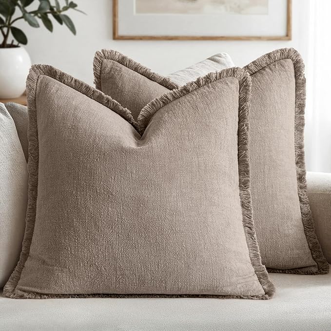 MIULEE Linen Fringe Decorative Fall Euro Throw Pillow Covers Dune 22x22 | Set of 2, Cottagecore Decor, Boho Farmhouse Neutral Pillow Covers, Rustic Fall Couch Cushion Cases for Sofa Bed Living Room