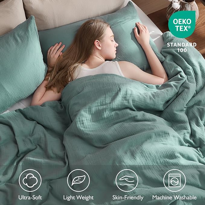 EMME Muslin Cotton Duvet Cover Set Queen Size Linen Like Soft Breathable Lightweight Summer Comforter Cover Set with Zipper Closure (Teal, Queen, 90"x90")