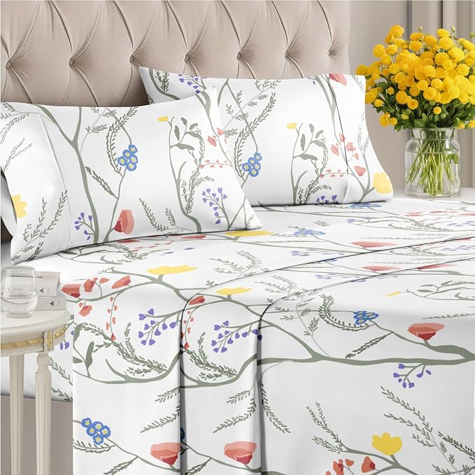 King 4 Piece Floral Sheet Set - Soft, Breathable & Cooling - Wild Flower | 1 Flat, 1 Fitted & 2 Pillowcases w/ Deep Pockets, Boho Botanical Floral Bedding, Breathable & Cooling, Wrinkle & Fade Free