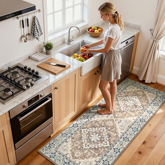 2x5 Runner Entryway Rug, Machine Washable Kitchen Rugs, Brown Beige | Faux Wool Low Pile Long Rug for Bedroom Hallway, Floral Medallion Boho Vintage Carpets with Non-Slip Rubber, Stain Resistant