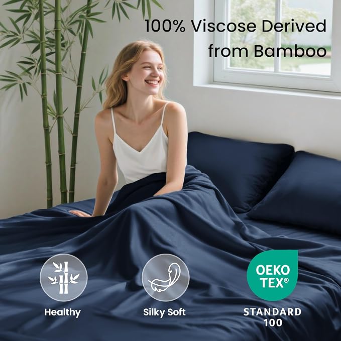 Love's cabin 3 Piece Twin Sheet Set, 100% Rayon Derived from Bamboo, Cooling & Breathable, Soft Silky Deep Pocket up to 16", Hotel Luxury Bedding for Hot Sleepers, Navy