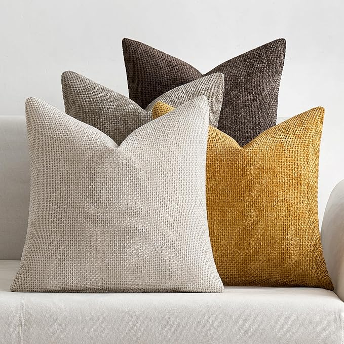 MIULEE Decorative Chenille Fall Pillow Covers Gold Brown 18x18 Pack of 4 | Rustic Home Decor, Earth Tones Set, Couch Throw Pillows, Farmhouse Boho Cushion Covers for Sofa Bed Living Room