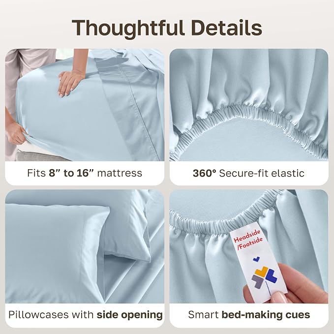 California Design Den 100% Cotton Sateen Queen Size Bed Sheet Set | Soft 500 Thread Count Backed by Good Housekeeping Seal, 16" Deep Pocket, All-Around Elastic, Easy Care - Blue (Grey Tone)
