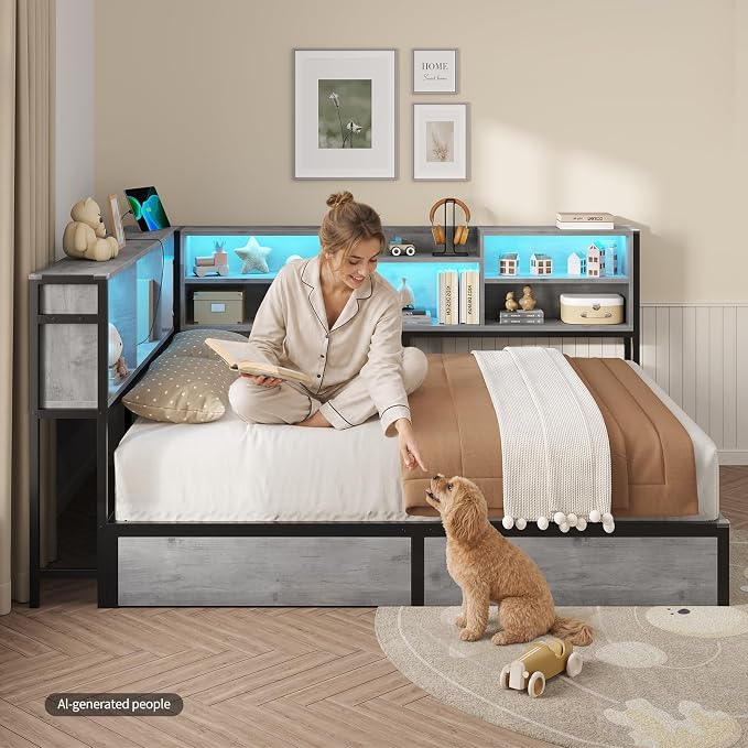 DICTAC Corner Queen Bed Frame with Storage Bookcase and 2 Drawers, Queen Size Corner Platform Bed Frame with LED Lights and Charging Station, Metal Daybed for Teens/Adult, Saving Space, Oak Gray