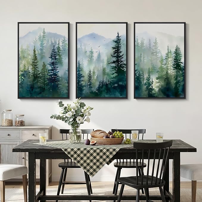 Large Framed Green Forest Landscape Living Room Wall Art, 3 Piece, 24x36 In | Nature, Scenic, Pine tree, Foggy, Watercolor, Modern, Bedroom decor, Dining room, Hallway, Home office, Canvas artwork