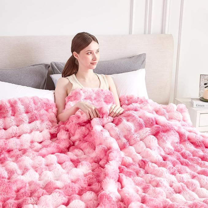 60x80 Inches Ultra-Soft Fuzzy Faux Fur Plush Twin Size Blanket - Thick, Warm Sherpa for Couch, Sofa, Bedroom, Camping - Decorative Blanket for Cozy Warmth, Bubble Pink Tie Dye