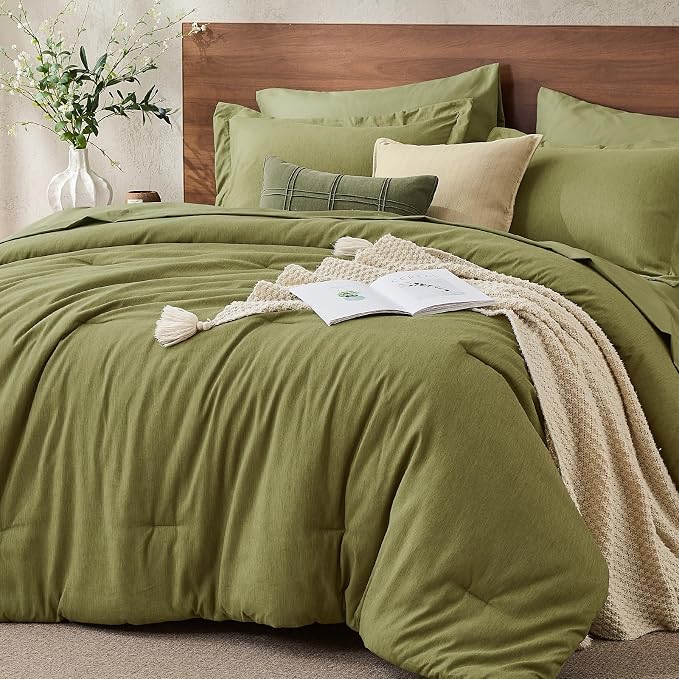 JOLLYVOGUE Olive Green Full Comforter Set, Cationic Dyeing Bed in a Bag Full 7 Pieces, Double-Tone Bedding Set with Down Alternative Comforter, Sheets, Pillowcases & Shams