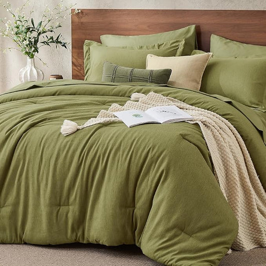 JOLLYVOGUE Olive Green Full Comforter Set, Cationic Dyeing Bed in a Bag Full 7 Pieces, Double-Tone Bedding Set with Down Alternative Comforter, Sheets, Pillowcases & Shams