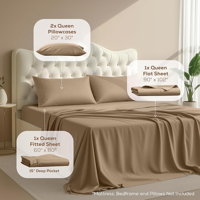 California King Sheets Set, 4 Pieces 16" Deep Pocket Bed Sheets, Sand | Extra Soft Bedsheet Set, Comfy & Breathable Cooling Sheets, Wrinkle & Fade Resistant, Fitted Sheet, Flat Sheet, 2 Pillowcases