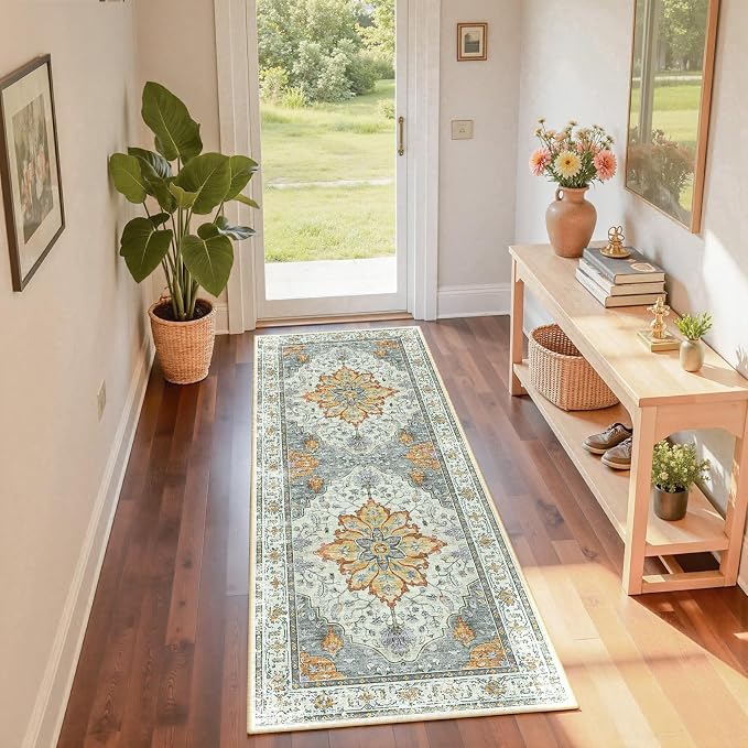 RELEANY Washable Area Rug, Runner 2'x6', Beige/Carbon Grey/Orange | Non-Slip, Water Repellent, Pet Friendly, Easy to Clean, Vintage Floral Boho Decor for Kitchen Entry Bedroom Bedside Laundry